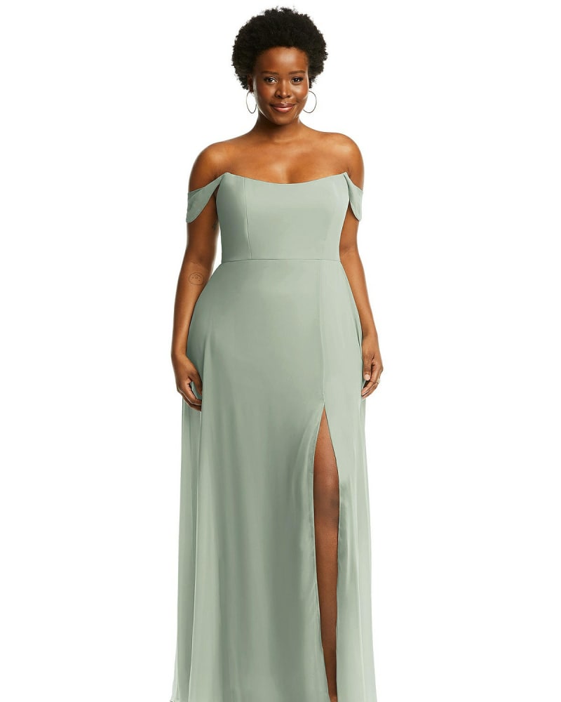 Front of a model wearing a size 24W Off-the-Shoulder Basque Neck Maxi Dress with Flounce Sleeves in Willow Green by After Six. | dia_product_style_image_id:266996